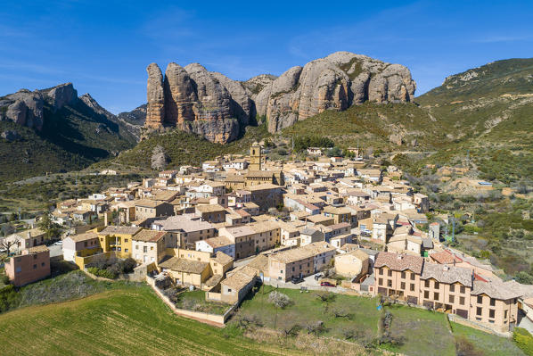 Aerial view of Aguero village. Aguero, Huesca, Aragon, Spain, Europe. 