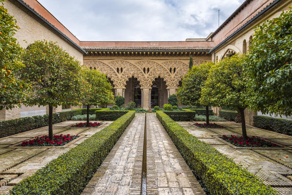 Patio of Saint Isabel, Aljaferia palace, Zaragoza, Aragon, Spain, Europe