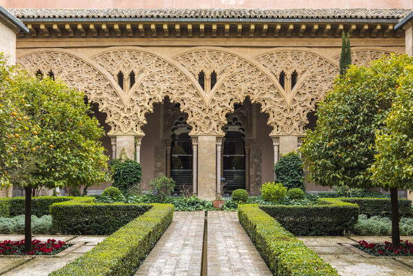 Patio of Saint Isabel, Aljaferia palace, Zaragoza, Aragon, Spain, Europe