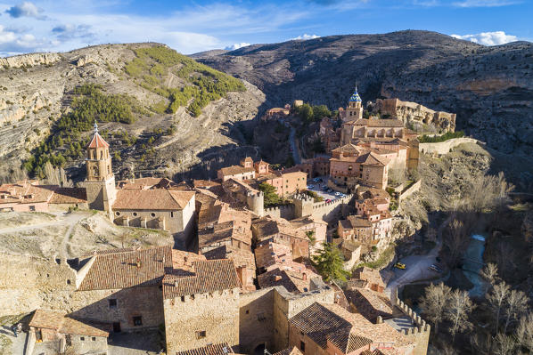 Aerial view of the medieval town of Albarracin. Albarracin, Teruel, Aragon, Spain, Europe