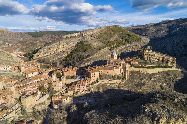 Aerial view of the medieval town of Albarracin. Albarracin, Teruel, Aragon, Spain, Europe