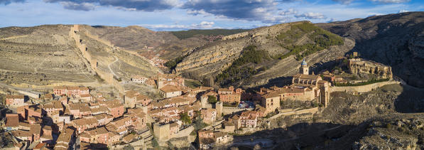 Aerial view of the medieval town of Albarracin. Albarracin, Teruel, Aragon, Spain, Europe