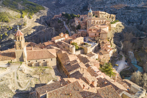 Aerial view of the medieval town of Albarracin. Albarracin, Teruel, Aragon, Spain, Europe