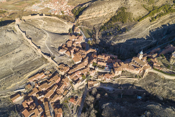 Aerial view of the medieval town of Albarracin. Albarracin, Teruel, Aragon, Spain, Europe