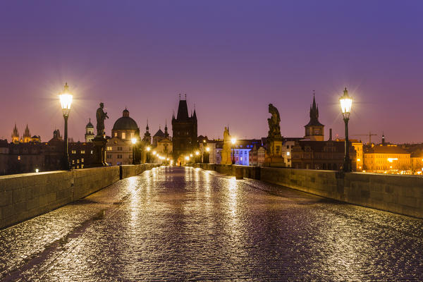 Charles bridge at dusk, Prague, Bohemia, Czech Republic