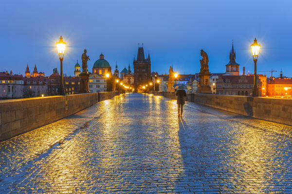 Charles bridge at dusk, Prague, Bohemia, Czech Republic