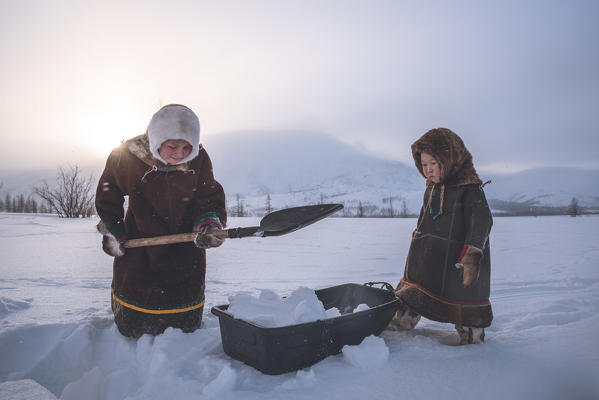 The traditional way of daily life at the nomadic reindeer herders camp. Polar Urals, Yamalo-Nenets autonomous okrug, Siberia, Russia