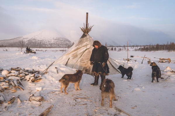 The traditional way of daily life at the nomadic reindeer herders camp. Polar Urals, Yamalo-Nenets autonomous okrug, Siberia, Russia