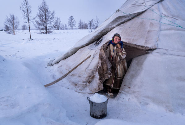 The traditional way of daily life at the nomadic reindeer herders camp. Polar Urals, Yamalo-Nenets autonomous okrug, Siberia, Russia