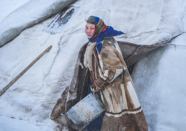 The traditional way of daily life at the nomadic reindeer herders camp. Polar Urals, Yamalo-Nenets autonomous okrug, Siberia, Russia