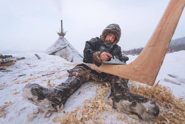 The traditional way of daily life at the nomadic reindeer herders camp. Polar Urals, Yamalo-Nenets autonomous okrug, Siberia, Russia