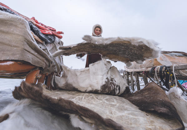 The traditional way of daily life at the nomadic reindeer herders camp. Polar Urals, Yamalo-Nenets autonomous okrug, Siberia, Russia