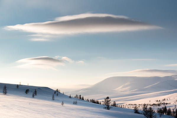 The winter landscape of Russian arctic circle near Kharp. Polar Urals, Yamalo-Nenets autonomous okrug, Siberia, Russia