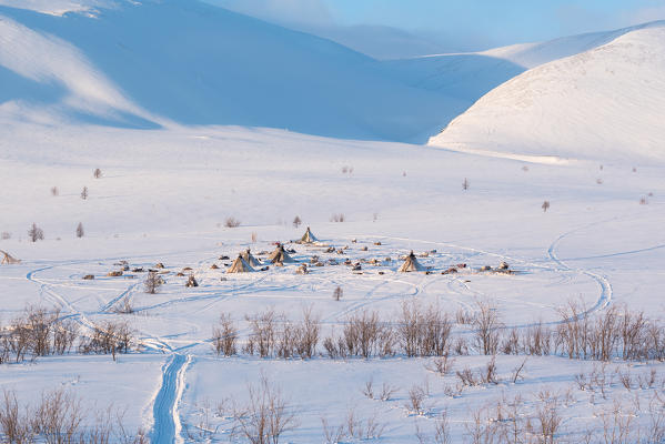 Nomadic reindeer herders camp. Polar Urals, Yamalo-Nenets autonomous okrug, Siberia, Russia