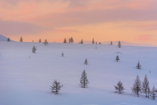 The winter landscape of Russian arctic circle near Kharp at sunrise. Polar Urals, Yamalo-Nenets autonomous okrug, Siberia, Russia