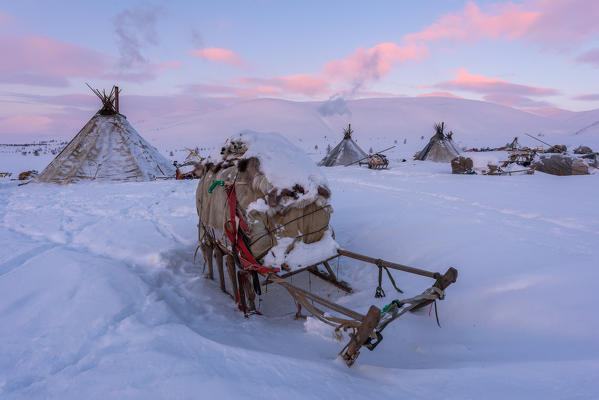 Nomadic reindeer herders camp. Polar Urals, Yamalo-Nenets autonomous okrug, Siberia, Russia