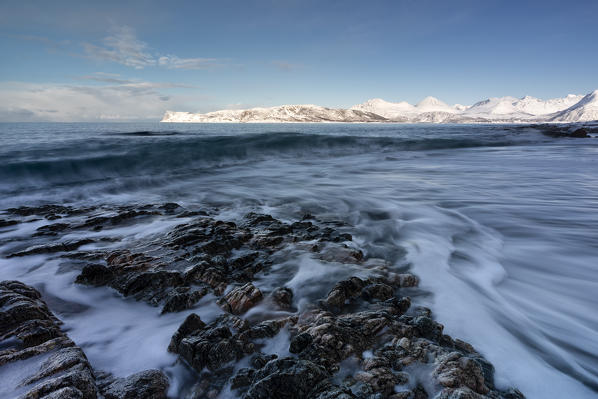 the coastline in cold winter morning around Sommaroy town, Brensholmvegen, Troms county, Northen Norway, Europe