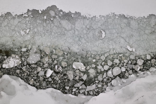 Abstract view of the conformation of the ice taken from the drone, Tromso, Troms county, Northen Norway, Europe