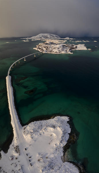 aerial view of the Sommaroy archipelago in cold winter morning, Sommaroy, Brensholmvegen, Troms county, Northen Norway, Europe