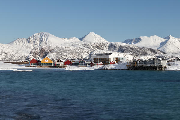 panoramic view of the Sommaroy town in cold winter morning, Sommaroy, Brensholmvegen, Troms county, Northen Norway, Europe