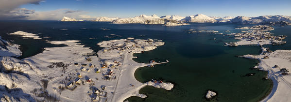 aerial view of the Sommaroy archipelago in cold winter morning, Sommaroy, Brensholmvegen, Troms county, Northen Norway, Europe