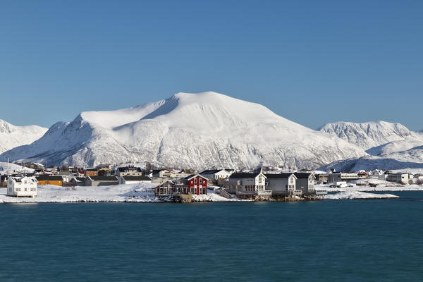 panoramic view of the Sommaroy town in cold winter morning, Sommaroy, Brensholmvegen, Troms county, Northen Norway, Europe