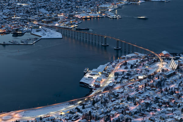 Particular view of the city of Tromsø at dusk from the mountain top reached by the Fjellheisen cable car,Troms county, Northern Norway, Europe