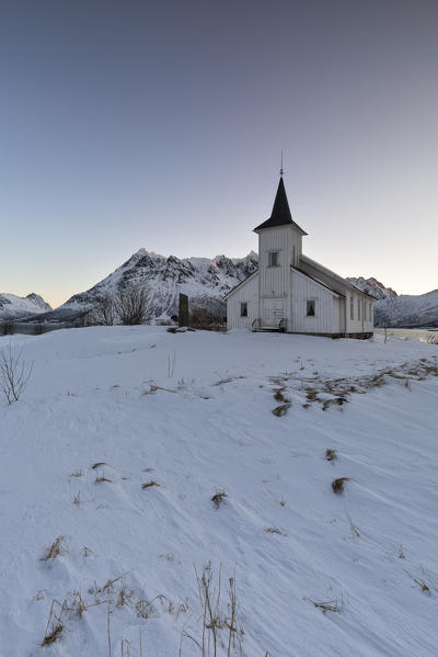 The Sildpollens kapell in cold winter morning, Austnesfjorden, Lofoten island, Northern Norway, Europe