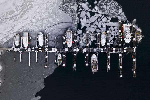 aerial view of little fisherman harbour in cold winter morning, Austnesfjorden, Lofoten island, Northern Norway, Europe