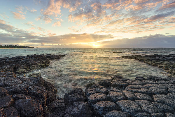 a magical sunrise whit basaltic stone, Trou d'Eau Douce, Mauritius, Indian Ocean, Africa