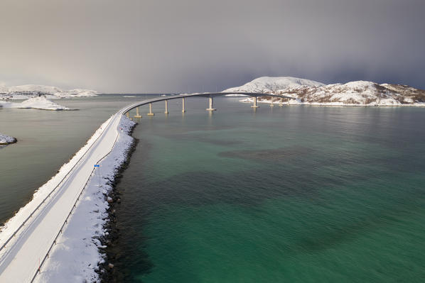 Aerial view of the Sommaroya bridge, Sommaroy, Brensholmvegen, Troms county, Northen Norway, Europe