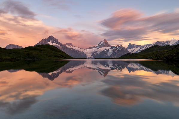 a coloured summer sunset at Bachalpsee, Grindelwald, Oberland, Canton of Berne, Switzerland, Europe