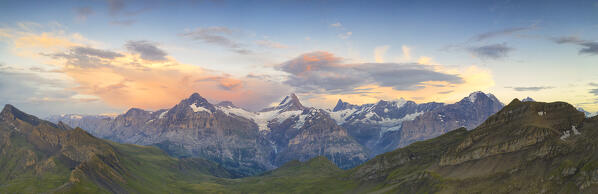 Wetterhorn, Schreckhorn, Finsteraarhorn at sunset from Bachalpsee lake, aerial view, Bernese Oberland, Switzerland, Europe