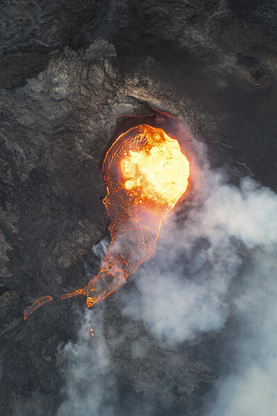 vertical view taken by drone of Fagradalsfjall volcano during an eruption, Sudurnes, Iceland, Europe
