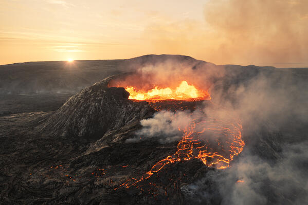 aerial view taken by drone of Fagradalsfjall volcano during an eruption, Sudurnes, Iceland, Europe