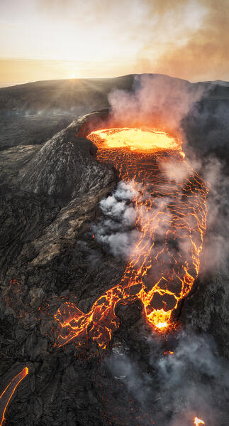 aerial view taken by drone of Fagradalsfjall volcano during an eruption, Sudurnes, Iceland, Europe