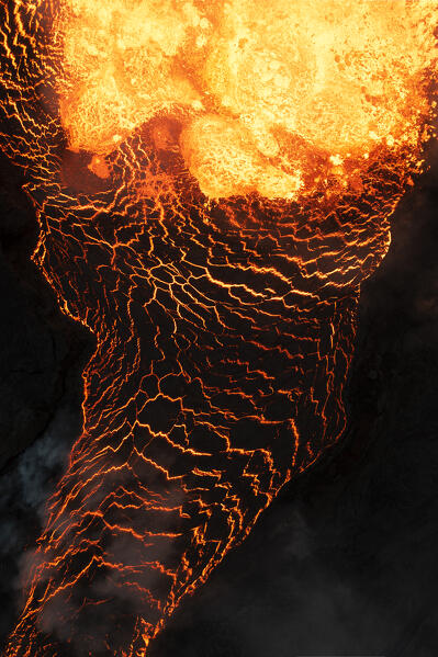 vertical view taken by drone of Fagradalsfjall volcano during an eruption, Sudurnes, Iceland, Europe