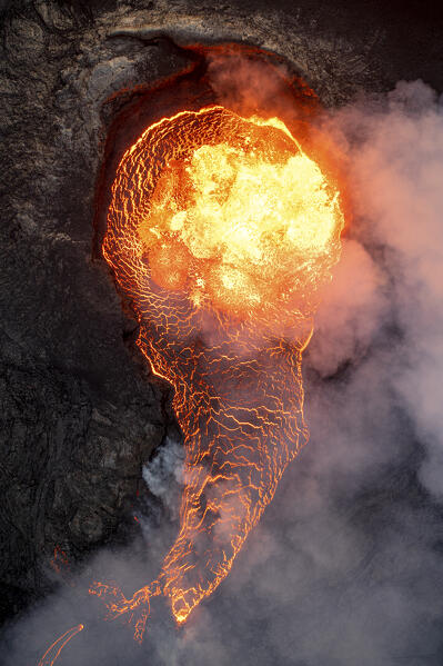 vertical view taken by drone of Fagradalsfjall volcano during an eruption, Sudurnes, Iceland, Europe