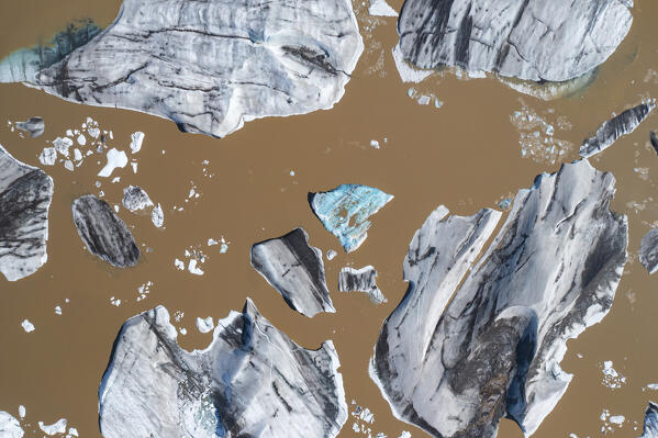 aerial view shot by the drone of the Hoffer glacier lagoon, Austurland, Iceland, Europe