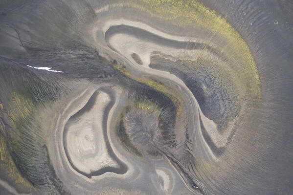 aerial view shot by the drone of abstract drawings in the ground in Landlammalaugar area, Sudurland, Iceland, Europe
