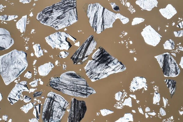 aerial view shot by the drone of the Hoffer glacier lagoon, Austurland, Iceland, Europe