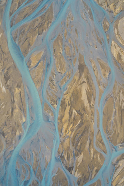 aerial abstract taken by drone of icelandic river during a summer day, Landlammalaugar, Sudurland, Iceland, Europe