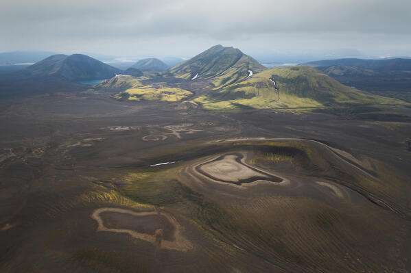 aerial abtract taken by drone of the texture and the mountains near to Landlammalaugar area, Sudurland, Iceland, Europe