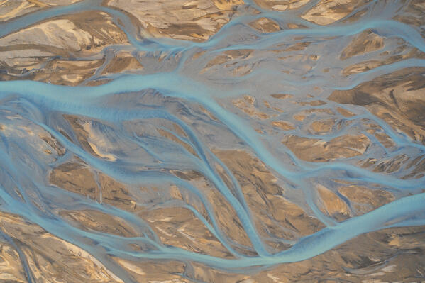 aerial abstract taken by drone of icelandic river during a summer day, Landlammalaugar, Sudurland, Iceland, Europe