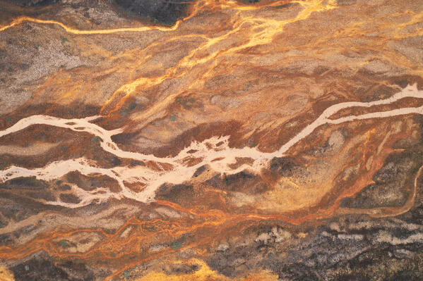aerial abstract taken by drone of icelandic river during a summer day, Landlammalaugar, Sudurland, Iceland, Europe