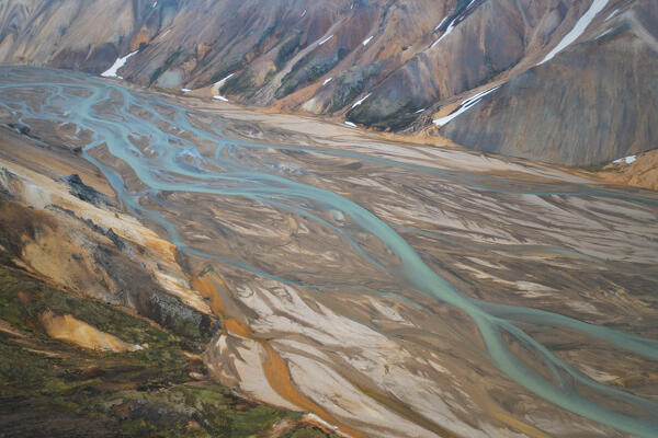 aerial abstract taken by drone of icelandic river during a summer day, Landlammalaugar, Sudurland, Iceland, Europe