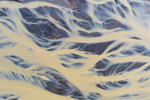 aerial abstract taken by drone of icelandic river during a summer day, Sudurland, Iceland, Europe