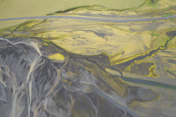 aerial abstract taken by drone of icelandic river during a summer day, Sudurland, Iceland, Europe
