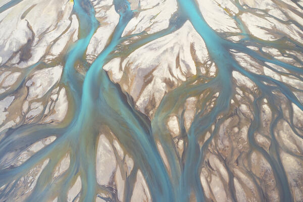 aerial abstract taken by drone of icelandic river during a summer day, Sudurland, Iceland, Europe