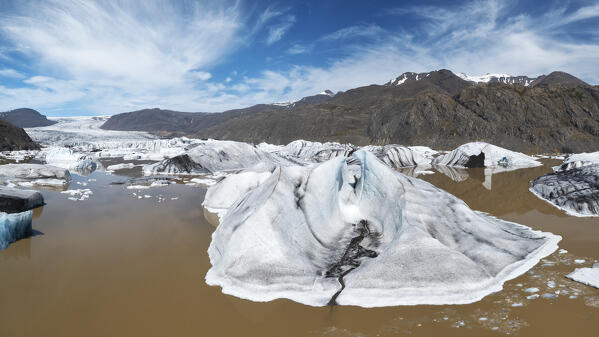 aerial view taken by drone of Hoffel Glacier Lagoon during a summer day, Iceland, Europe